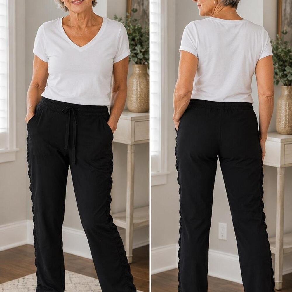 Black ruched pants with drawstring